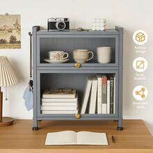 Double-Layer Microwave & Kitchen Storage Rack – Sleek Gray Metal Frame With Semi-Transparent Flip Door, Adjustable Shelf Height, Space-Saving Design For Microwaves, Spices, Cookware & Daily Essentials. Sturdy Construction Supports Up To 35 Kg Per Tie - Grey - View 10