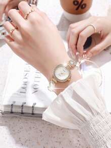 LIANDU LIANDU Women's Watch, Fashion Creative Rhinestone Inlaid Mixed Dial Round Face, Multifunctional Compact Personalized Quartz Watch, Suitable For Daily, Office, Holiday, Ramadan, Eid, Thanksgiving, Wedding, Banquet, Date, Christmas, Back To School, Party, Halloween, Easter And Other Occasions, Best Gift For Women - White - View 4