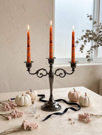1 Set/1pc Vintage Metal 3-Arm Curved Candlestick + Halloween Printed Long Taper Candles, French Vintage Luxury Style Multi-Head Candle Base, Suitable For Dining Table/Bedroom/Candlelight Dinner Atmosphere Decoration,Wedding/Candlelight Dinner/Birthday Party Atmosphere Decoration, Smokeless Aromatherapy Decoration, Suitable For Tabletop Centerpiece Decoration, Candlelight Dinner Table Decoration, Home Decor, Room Decor, Gift For Good Friends, Aromatherapy Diffuser, Bedroom Furniture, Wedding Anniversary Coordination, Decorative Crafts, Kitchen Decor, Halloween Dining Table Centerpiece Decoration