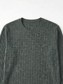 Suéter de punto de manga larga con cuello redondo y textura de costillas verticales para hombre, capa base para desplazamientos - Verde - Ver 7