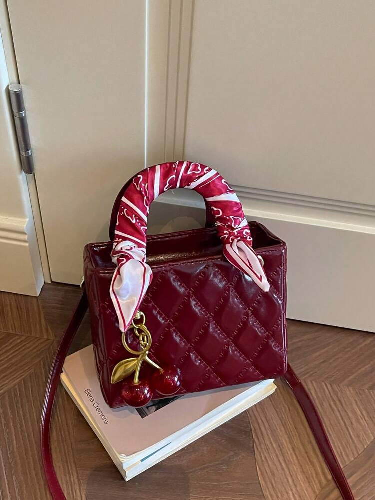 Fashionable New Women's Handbag Solid Color Minimalist PU Small Square Bag Elegant Sophisticated High-End Versatile Delicate Bag With Silk Scarf And Cherry Pendant Valentine's Day Gift Bag - Red - View 10