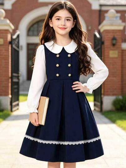 Tween Girls' College Style 2 In 1 Dress With Lapel, Lace Trim And Double-Breasted Buttons, Delicate Casual Daily Streetwear With Light Vintage Look