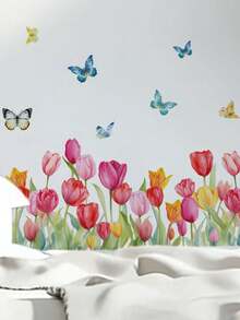 Watercolor Spring Tulip Waistline Wall Sticker, Multicolor Flowers And Butterflies, Self-Adhesive Waterproof, Suitable For Bedroom And Kitchen Baseboard And Wall Corner Decoration, French Cream Country Style Wall Surface Renovation Soft Sticker - Wall Stickers - View 2