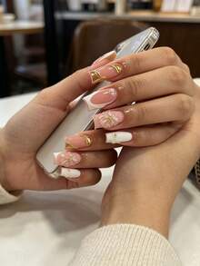 24pcs Short 3D Minimalist White French Floral Square Nails + 1pc Jelly Glue + 1pc Nail File - 彩色 - 查看 3