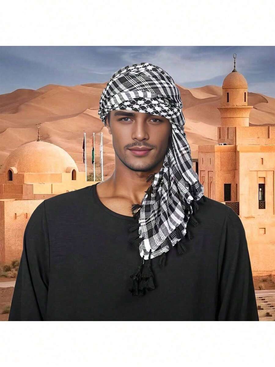 وشاح رجالي بوهيمي بنقشة مربعات جاكار خفيف الوزن بطراز عربي مع زينة شرابات، 1 قطعة - متعدد الألوان - مشاهدة 1