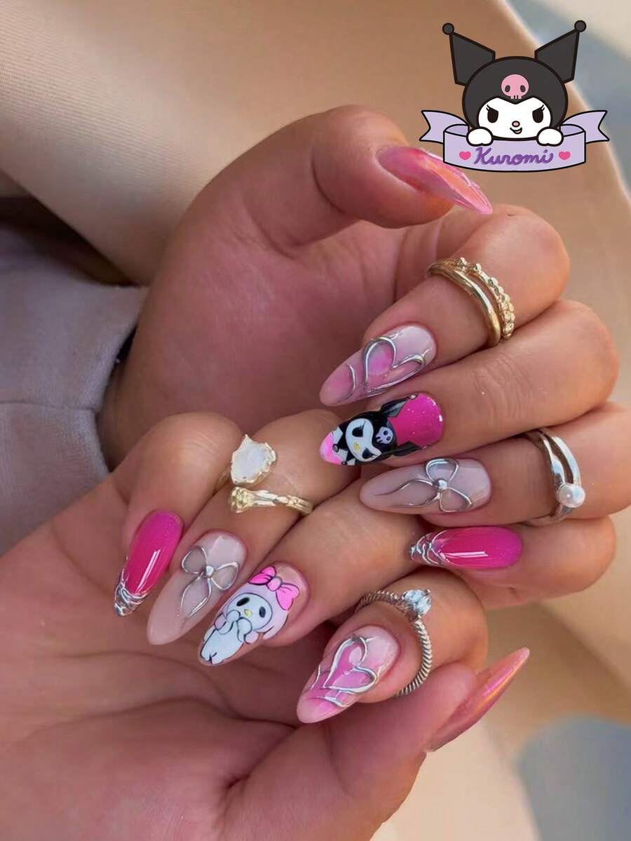 Sanrio Hello Kitty 24片裝 Y2K 3D凝膠長杏仁形法式穿戴式假指甲,可愛 Hello Kitty & Kuromi & Melody 圖案,3D凝膠銀色蝴蝶結與凝膠愛心裝飾設計,完美貼合壓克力假指甲套組,含 1 片果凍膠與 1 個指甲锉,適合女孩與男孩 - 彩色 - 查看 1