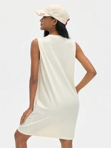 Leorrey 1pc Women's Fashion Long Tank Dress, Round Neck, Sleeveless, Ruched Cuffs, Loose, Soft, Comfortable, Sports Dress - Beige - View 5