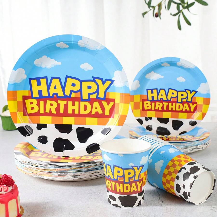 Cow Print Birthday Disposable Tableware Set, 7/9 Inch Party Plates, Disposable Paper Plates And Cups, Suitable For Holidays, Weddings, Engagements, Birthdays, Parties, Celebrations - Multicolor - View 1