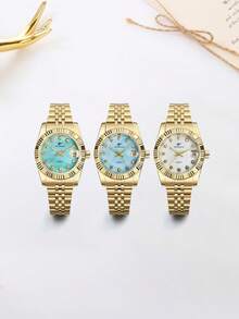 RICECGO This Fashionable Business Casual Women's Steel Band Quartz Watch Is Suitable For Parties, Celebrations, Weddings And Daily Wear - Gold - View 8
