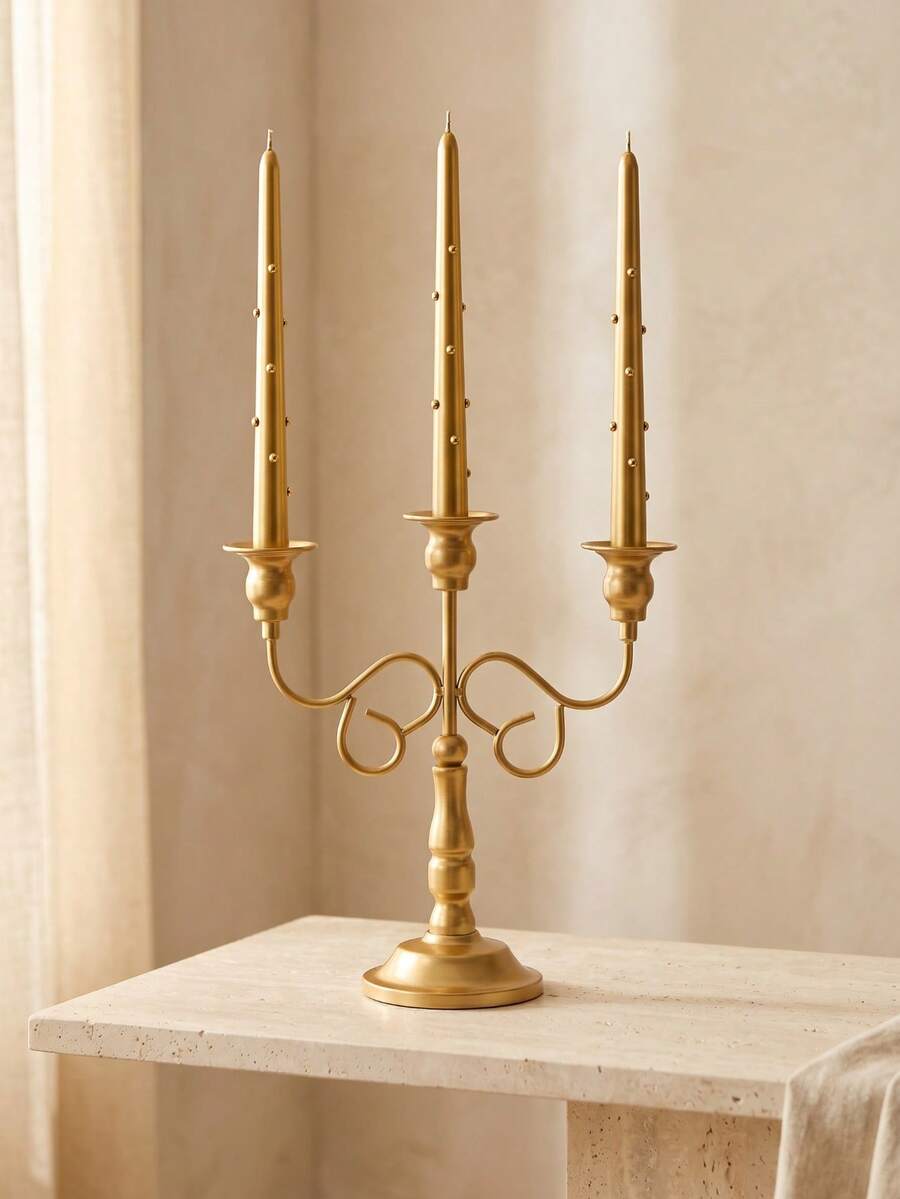 1 Set/1pc Vintage Gold Metal 3-Arm Curved Candelabra, French Vintage Luxury Style Multi-Head Candle Holder Base, Dining Table Wedding Candlelight Dinner Decor, Suitable For Dining Table/Bedroom/Candlelight Dinner Atmosphere Decoration/Wedding/Candlelight Dinner/Birthday Party Atmosphere Decoration, Suitable For Table Centerpiece Decoration, Candlelight Dinner Table Decoration, Home Decor, Room Decor, Gift For Good Friends, Baby Party Small Gift, Aromatherapy Diffuser, Bedroom Furniture, Wedding Anniversary Coordination, Decorative Crafts, Kitchen Decor, Scented Candles - Multiple Styles - View 1