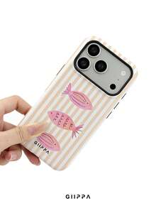 GIIPPA 1件淺橘色條紋背景配粉色魚紋設計手機殼，適用於Phone 17 Pro Max，兼容Phone 16 Pro Max、15 Pro Max、14 Pro Max，韓系高端時尚趣味手機殼，兼容11/12/13/14/15/16 Pro Max Plus，優雅設計男女皆宜，聖誕節、情人節、復活節、婚禮季與生日送女友的完美禮物！ - 橘色 - 查看 5