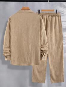 Men's Autumn 2 Pieces Set, Striped Colorblock Suit Collar Long Sleeve Shirt With Wavy Textured Casual Pants, Loose Fit For Travel, Shopping, Vacation, Daily Commute And Outings - Apricot - View 3