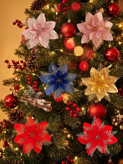 1pc/10pcs Multi-Color Glitter Poinsettia Artificial Christmas Flowers, Fabric Floral Picks With Gold Silver Snowflake Leaf, Ornaments For Tree Wreath Garland, Holiday Wedding Cafe Table Decor, Xmas DIY Craft Accessories, Gift For Holiday Decor Lovers