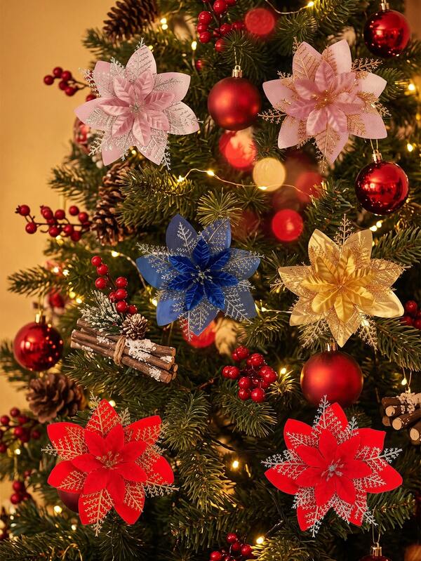 1pc/10pcs Multi-Color Glitter Poinsettia Artificial Christmas Flowers, Fabric Floral Picks With Gold Silver Snowflake Leaf, Ornaments For Tree Wreath Garland, Holiday Wedding Cafe Table Decor, Xmas DIY Craft Accessories, Gift For Holiday Decor Lovers