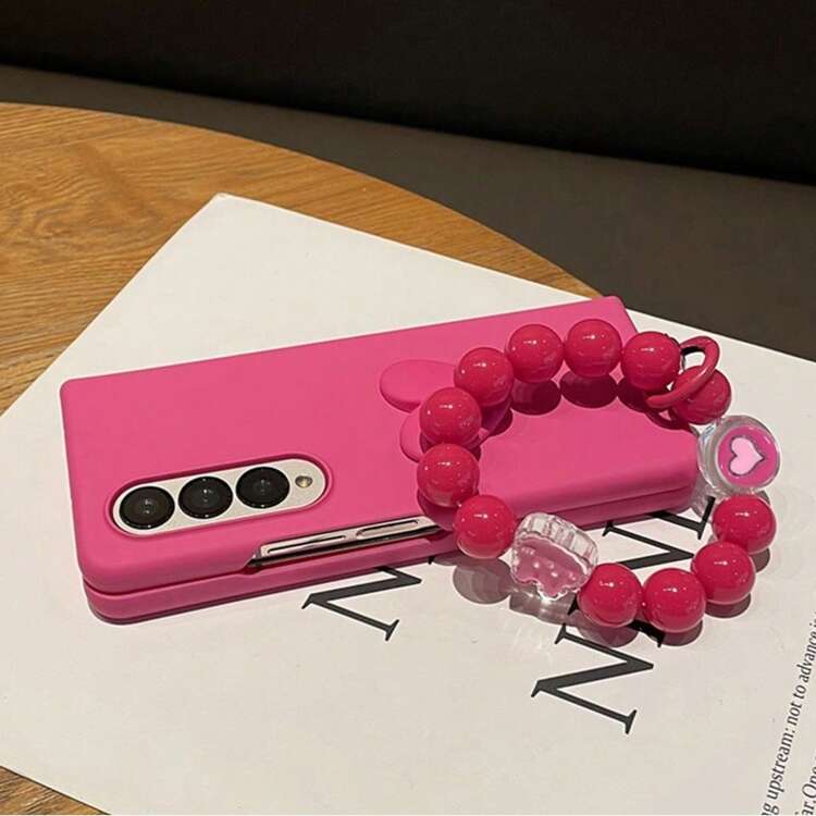Cute Korean Style Rose Red Phone Case With Rabbit Shaped Beaded Ring Bracelet, Compatible With Samsung Galaxy Z Fold 8 Ultra, Shockproof Anti-Fall Anti-Scratch Protective Cover - Hot Pink - View 4