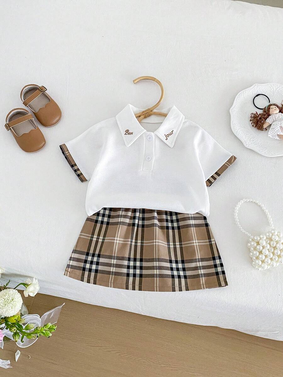 Miniweenns Baby Girl Preppy Back To School Summer Letter Embroidered Polo Collar Set, White & Brown Plaid Short Sleeve Top + Skirt 2-Piece Outfit