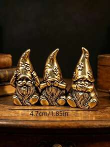 Vintage Distressed Brass Three Wise Monkeys Gnome Figurine, See No Evil Hear No Evil Speak No Evil Creative Desktop Copper Decor, Mini Fairy Tale Dwarf Statue, Study Tea Table Office Desk Collectible, Bedroom Bookshelf Coffee Shop Gift, Carved Pointed Hat Long Beard Design, Versatile Retro Miniature Desktop Landscape Decoration - 1PC - View 2