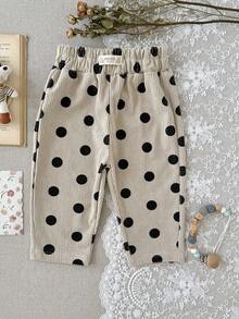 Baby Girl Black Polka Dot Decor Cuffed Pants, Elastic Waist, Versatile Loose Stretch Casual Long Pants - Black - View 5