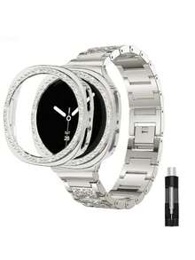 Galaxy Watch 9/8 錶帶 + 錶殼組，1件女款珠寶亮鑽金屬正裝錶帶 + 1件亮面錶殼（不含螢幕保護貼），適用 Galaxy Watch 9/8 Classic 46mm，可調節替換錶帶配件，運動錶帶，中性款，相容 Galaxy Watch 9/8 40mm 44mm - 星光色+殼 - 查看 1