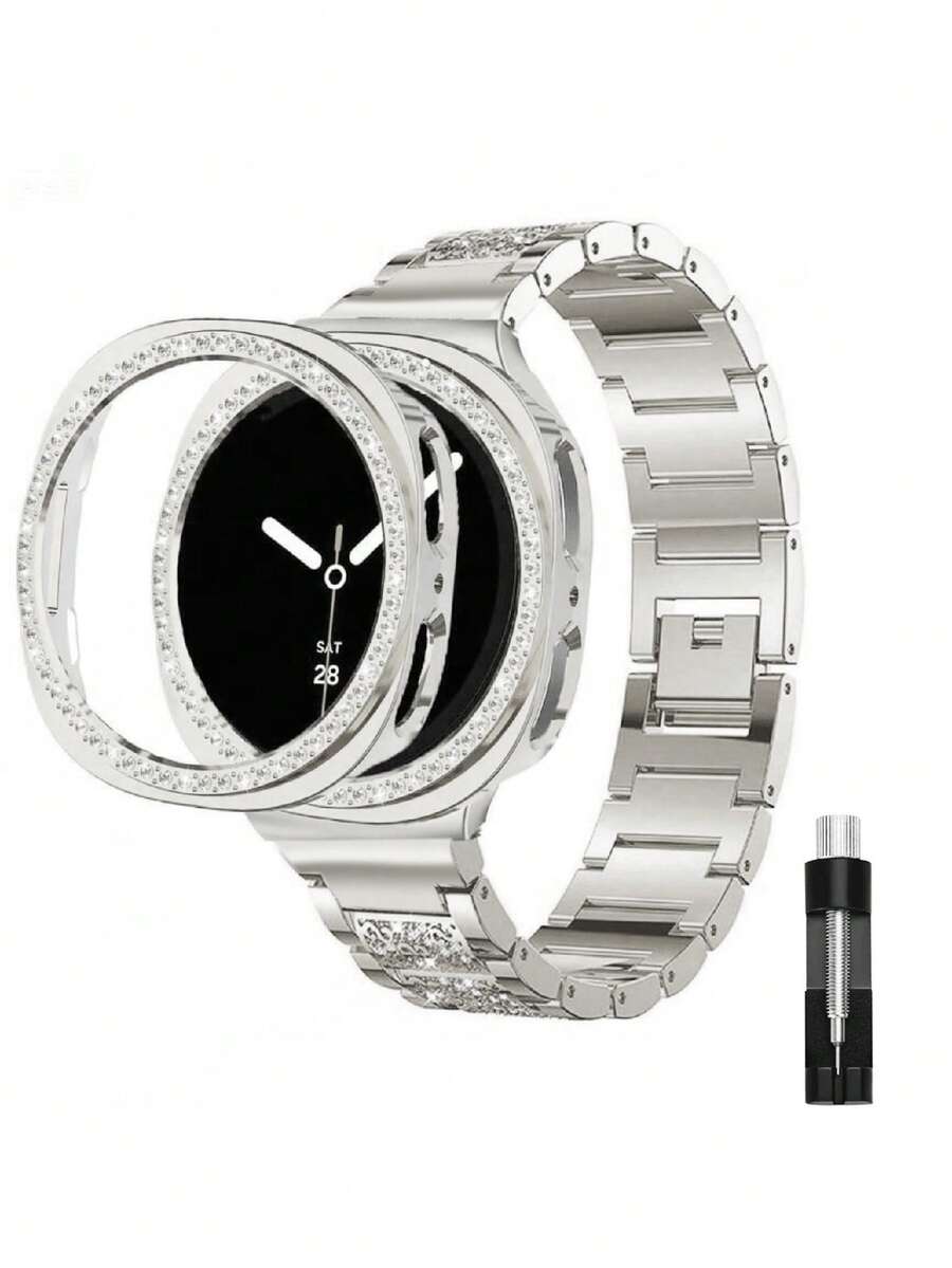 Galaxy Watch 9/8 錶帶 + 錶殼組,1件女款珠寶亮鑽金屬正裝錶帶 + 1件亮面錶殼(不含螢幕保護貼),適用 Galaxy Watch 9/8 Classic 46mm,可調節替換錶帶配件,運動錶帶,中性款,相容 Galaxy Watch 9/8 40mm 44mm - 星光色+殼 - 查看 1