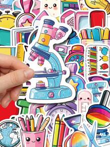 50Pcs Cute School Stationery Stickers, Back To School Study Decals, Pencil Backpack Globe Microscope Vinyl Decals Fit Vision Board, Student Journal Phone Case Laptop - Multicolor - View 3