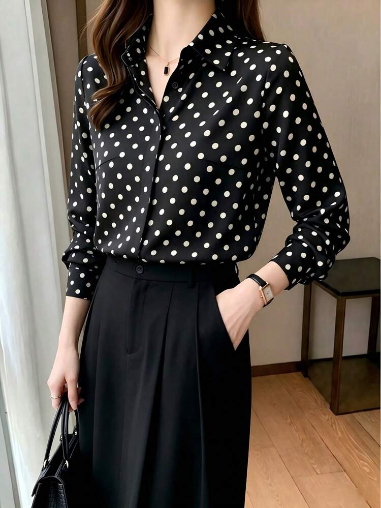 Elegant Design Polka Dot Pattern Blouse For Mature Women, Hong Kong Style - Black - View 4