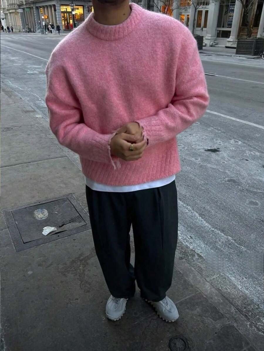 Men's Autumn/Winter Casual Fashion Loose Fit Solid Color Youthful Round Neck Knit Sweater - Pink - View 1