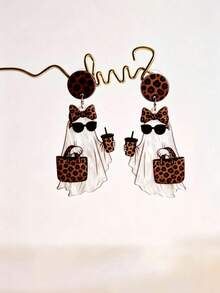 Pendiente plano 2D de acrílico con diseño de fantasma de estampado de leopardo, lindo y creativo, estilo de dibujos animados divertido para Halloween - Estilo 1 - Ver 6