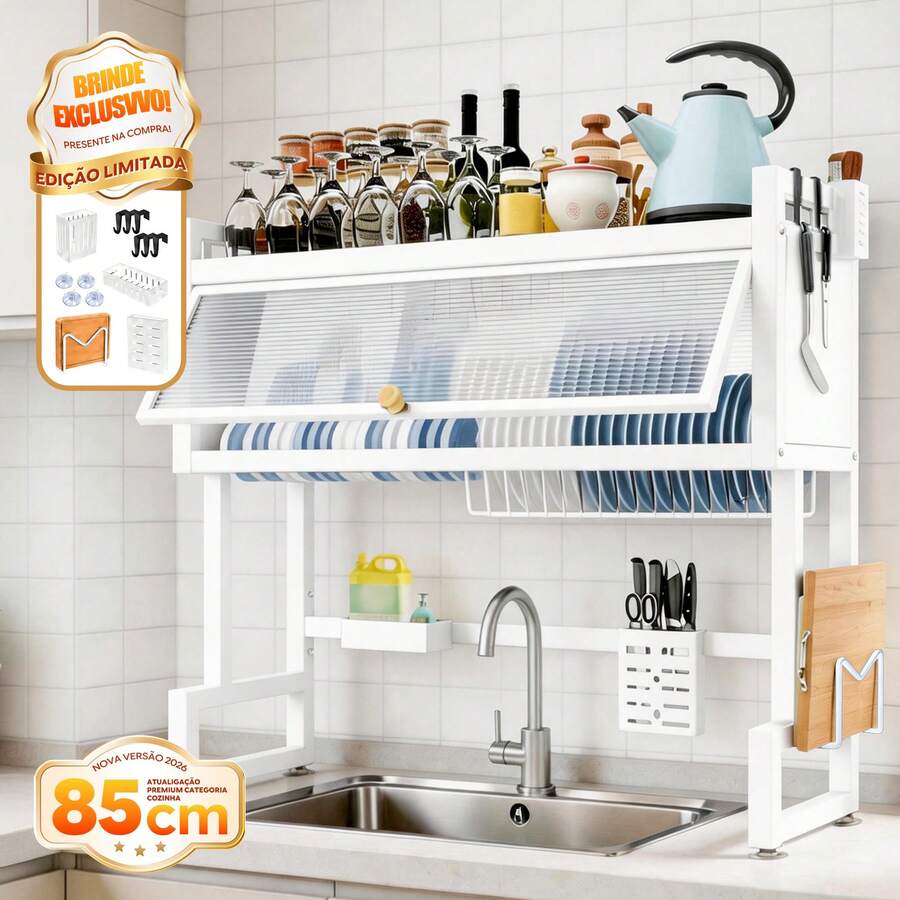 Sing-e Escorredor de Louça Suspenso  Andares – Ajustável 65-105cm, com Porta Retrátil e 5 Acessórios, Organizador de Pia em Aço Antiferrugem