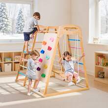 Indoor Playground Jungle Gym, 7-In-1 Wooden Indoor Playground For Kids, 250LBS Montessori Climbing Toys Playset With Swing, Monkey Bar, Slide, Wooden Ladder, Rope Ladder, Climbing Net & Rock - Colorful, 7-in-1, L - View 1