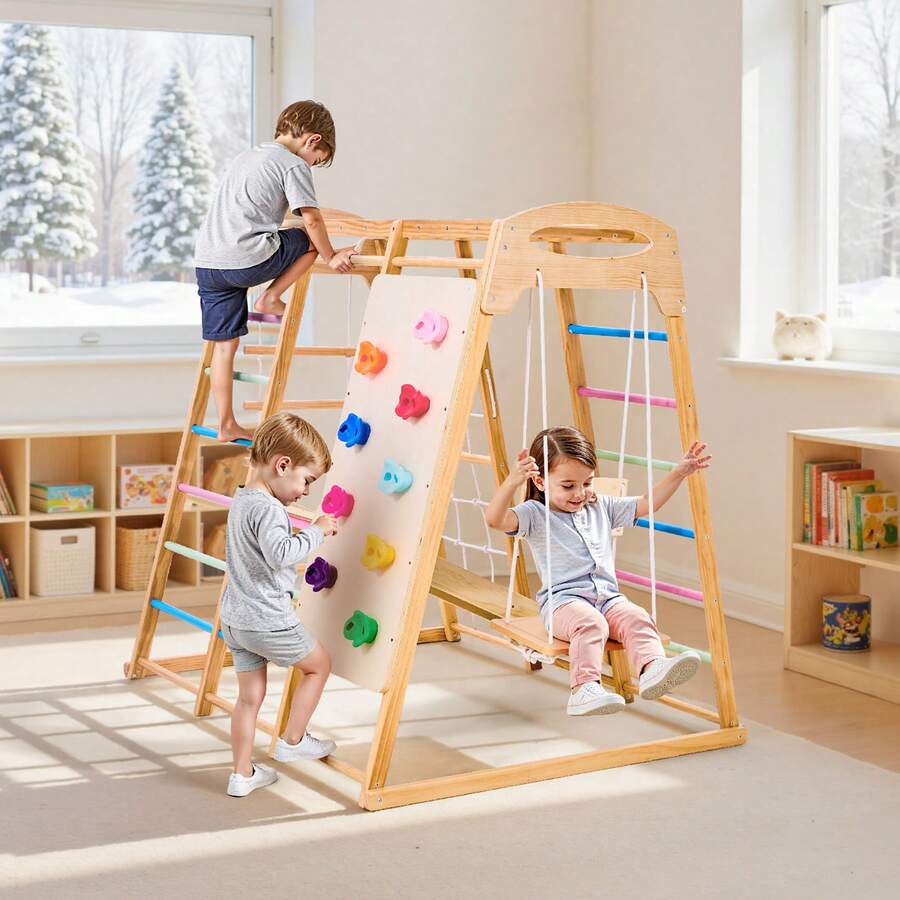 Indoor Playground Jungle Gym, 7-In-1 Wooden Indoor Playground For Kids, 250LBS Montessori Climbing Toys Playset With Swing, Monkey Bar, Slide, Wooden Ladder, Rope Ladder, Climbing Net & Rock - Colorful, 7-in-1, L - View 1