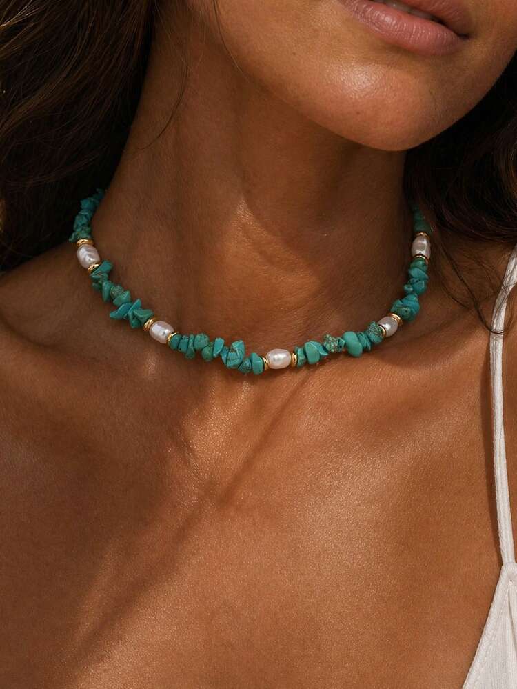 1pc Bohemian Style Fashion Versatile Crushed Stone & Faux Pearl Beaded Collarbone Necklace, Women's Jewelry Suitable For Daily Wear, Vacation And Music Festival, Random Shape, Size And Surface Pattern Of Crushed Stones, Number Of Beads Varies By Length - Multicolor - View 1