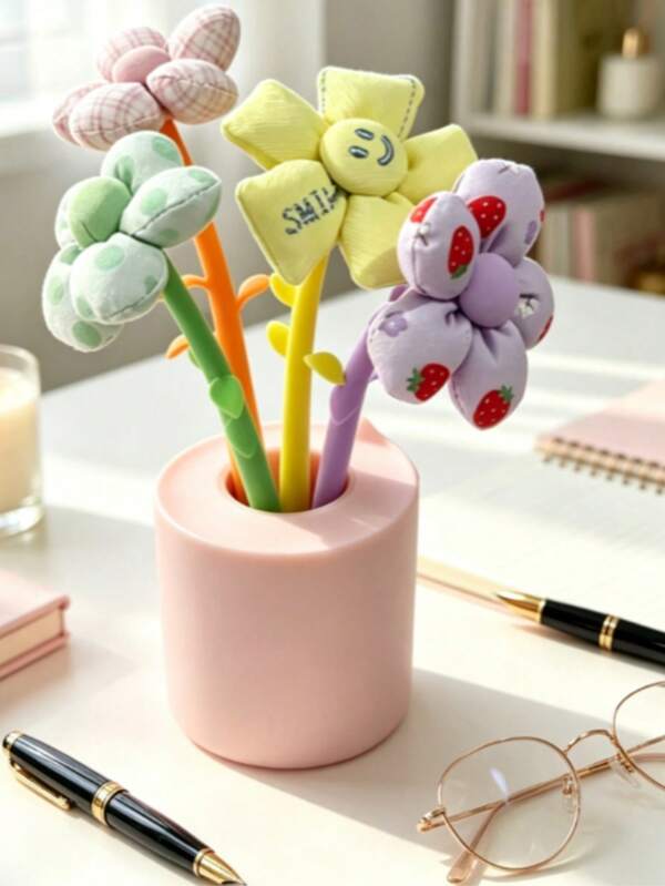 4pcs Cute Floral Fabric Gel Pens, Embroidery Stress Relief Decorative Neutral Pens For Office Desk, Random Colors