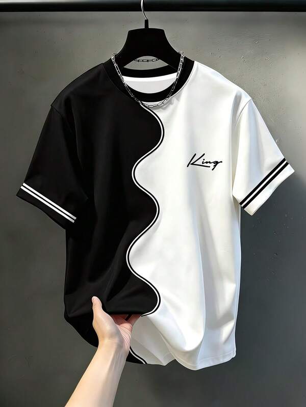 Men's Casual Crew Neck T-Shirt, Geometric Pattern Patchwork Striped Design With "KING" Lettering, Draping Fashion Top, All-Season Wear, Breathable Regular Fit