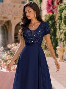 MIUSOL Deep V-Neck Contrast Sequin Lace Ruffle Trim Chiffon Formal Party Maxi Dress,Formal Evening Gown - Navy Blue - View 10