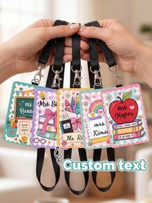 1pc Customized Teacher Name Badge Lanyard, Personalized School Supplies Graffiti ID Card Holder, Back To School, Teacher Appreciation Gift, Luggage Name Tag - Multicolor - View 1