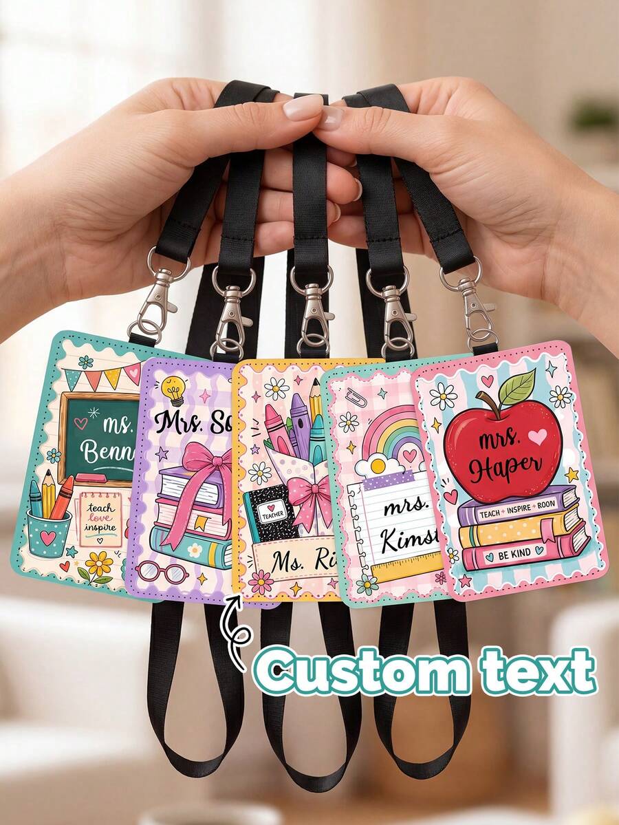 1pc Customized Teacher Name Badge Lanyard, Personalized School Supplies Graffiti ID Card Holder, Back To School, Teacher Appreciation Gift, Luggage Name Tag - Multicolor - View 1