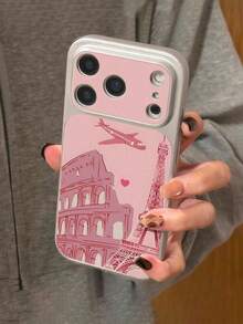 1pc Fashionable Personalized Pink Airplane Architecture Travel Pattern Full Coverage Button Classic Anti-Drop Metallic Paint Premium Texture Soft Texture PU Leather Phone Case, Suitable As Birthday Gift, Holiday Gift For Friends, Family, Couples, Yourself, Compatible With IPhone 17/16/15/14/13/14/12/11 Series - Multicolor - View 3