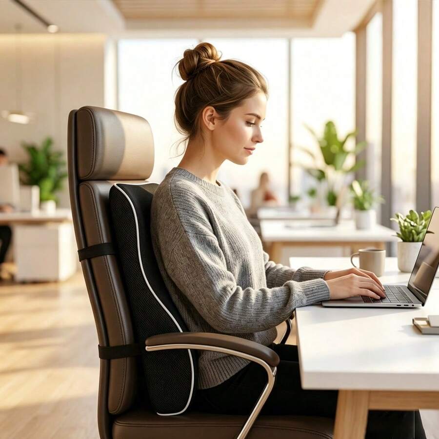 Universal Memory Foam Lumbar Support Cushion, Ergonomic Spine Alignment Back Pillow With Secure Strap, Breathable Mesh Comfortable Backrest, Relieves Discomfort, Ideal Support Accessory For Office Chairs And Car Seats