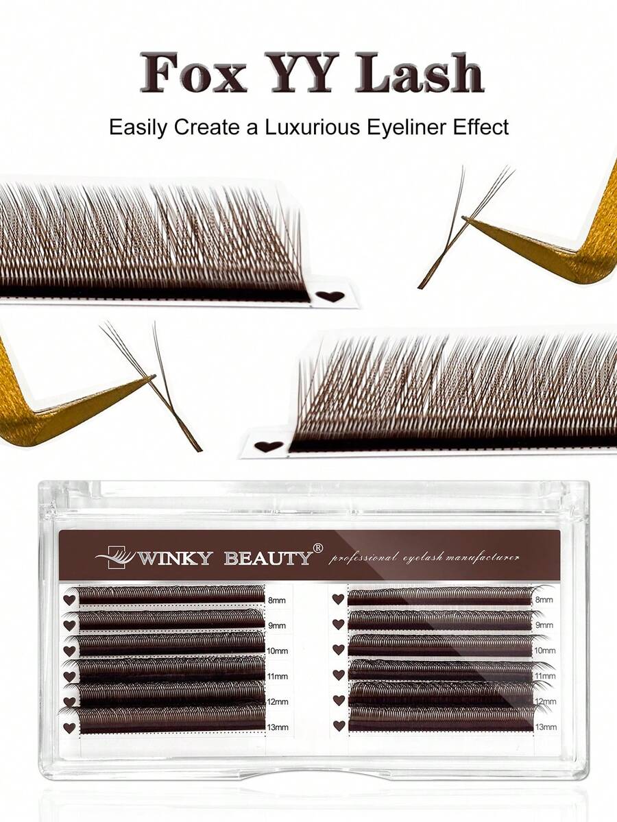Winky Beauty Ekstensi Bulu Mata Brown Fox YY 5D Fox Eye, Bulu Mata Kipas Miring Halus dan Lembut Siap Pakai, Panjang Campuran 8-13mm, Efek Ekstensi Ekor Mata Rubah, Gaya Camellia, Ekstensi Bulu Mata Tunggal, Tampilan Alami Lembut, 12 Baris