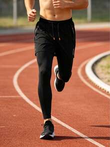 Men's Black 2 In 1 Sports Pants With Zipper Pockets, Reflective Stripes, Drawstring Waist, Fitness Running Training Pants - Black - View 3