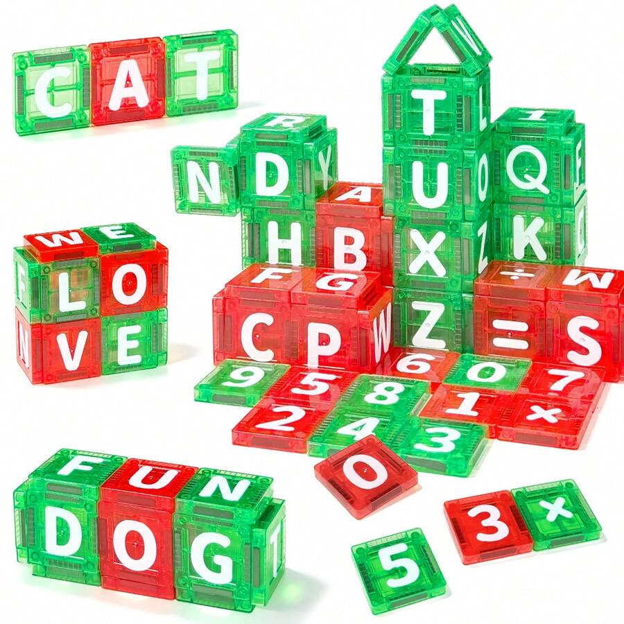 15/26/30/56pcs Mini Magnetic Building Blocks With Numbers And Letters, Spelling And Arithmetic Early Education Stacking Toys, Preschool STEM Learning Set, Toddler Birthday Holiday Gift - Multicolor - View 1