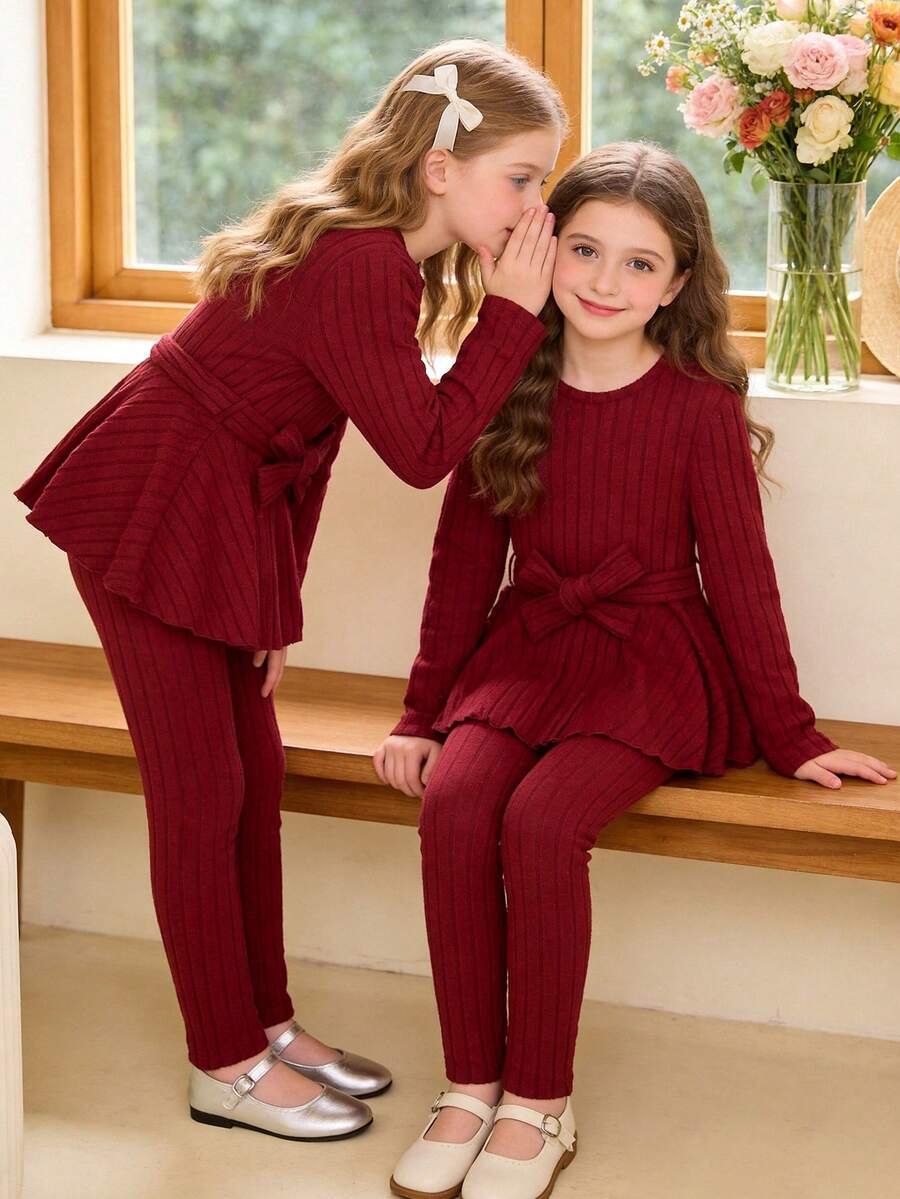 2pcs/Set Tween Girls Bowknot Tie-Waist Crew Neck Sweatshirt & Ribbed Sweatpants, Autumn - Red - View 1