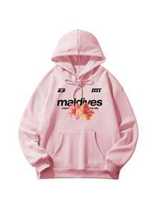 Maldives Hibiscus Flower Letter Print Light Pink Loose Hooded Sweatshirt Y2K Tropical Sweet Girl Casual Drawstring Pocket Sweatshirt Fall - Pink - View 5