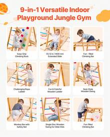 Indoor Playground Jungle Gym, 9-In-1 Montessori Climbing Toys For Toddlers, 250LBS Wooden Indoor Playground Playset With Monkey Bar, Swings, Slide, Rope / Wooden Ladder, Climbing Net, Bar & Rock - Colorful, 9-in-1, L - View 2