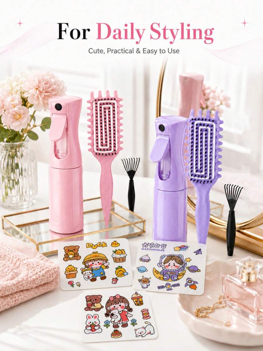 可愛 DIY 造型禮品套組,包含噴霧瓶、造型梳、尾梳和卡通貼紙頁,便攜式美髮護理套裝,適合女性,粉色、紫色、白色、綠色、黑色可選 - 彩色 - 查看 1