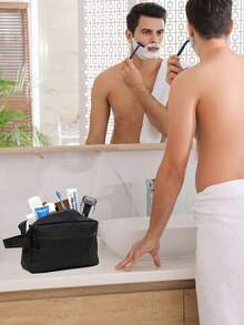 NEWHEY Men's Dopp Kit Travel Toiletry Organizer, Portable Handheld Shaving Storage, Dual Zipper Layered Design, Multi-Functional Cosmetic Case, Business Trip - Black - View 7