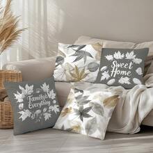 Ensemble de 4 housses de coussin vintage gris-brun avec motif feuille Sweet Home, imprimé unilatéral en velours peau de pêche, 45*45CM/18*18 pouces, housses de coussin pour canapé en tissu moderne, décoration intérieure, décoration de fête, cadeau - Multicolore - Voir 5
