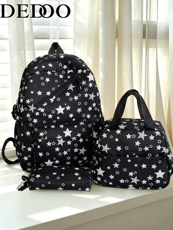 Dedoo Black White Star Print 3Pcs Backpack Set, Multi Zipper Pockets Adjustable Straps Cute Student Bag For School Daily Travel Without Pendant