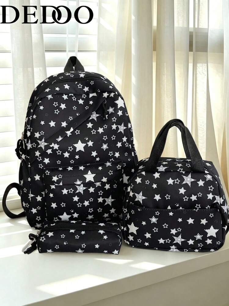 Dedoo Black White Star Print 3Pcs Backpack Set, Multi Zipper Pockets Adjustable Straps Cute Student Bag For School Daily Travel Without Pendant - Black - View 1